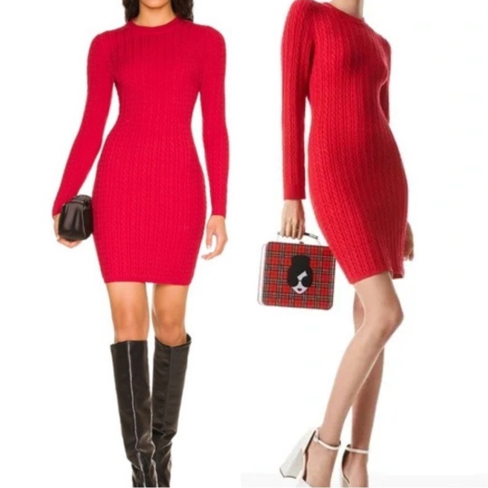 Alice + Olivia Yuna Cable Knit Mini Dress Bright Poppy Long Sleeve - Picture 10 of 10